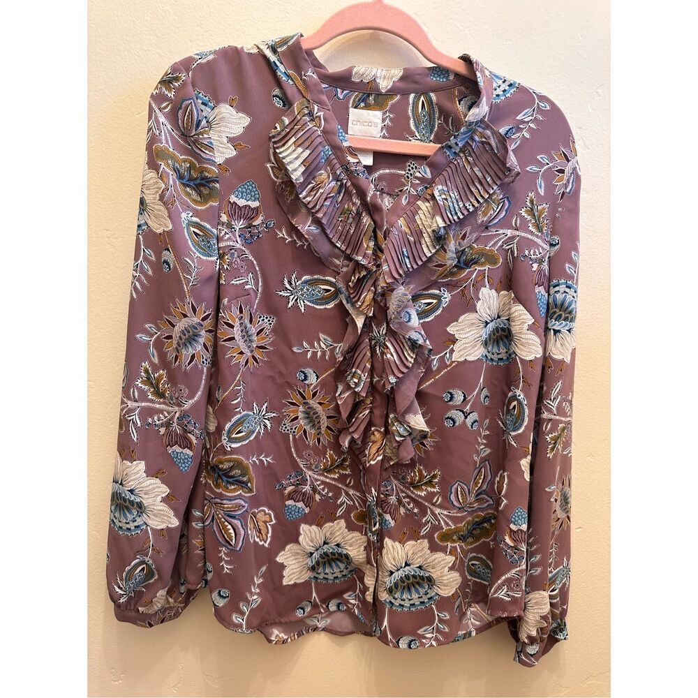 🌸 Chico’s Mauve Pink Floral Button Up Ruffle Top Size Small or Chicos 0